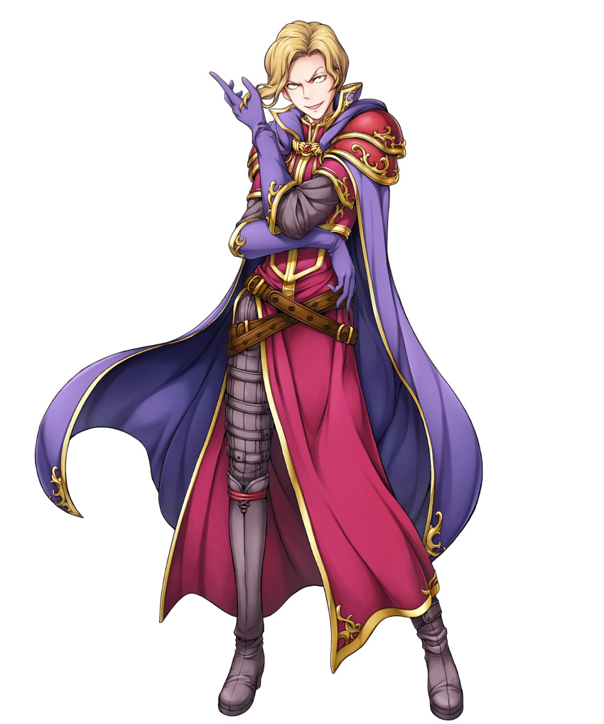 1boy armor blonde_hair boots cape fire_emblem fire_emblem:_fuuin_no_tsurugi fire_emblem_heroes full_body gloves highres male_focus nacien official_art open_mouth solo transparent_background yamada_koutarou yellow_eyes
