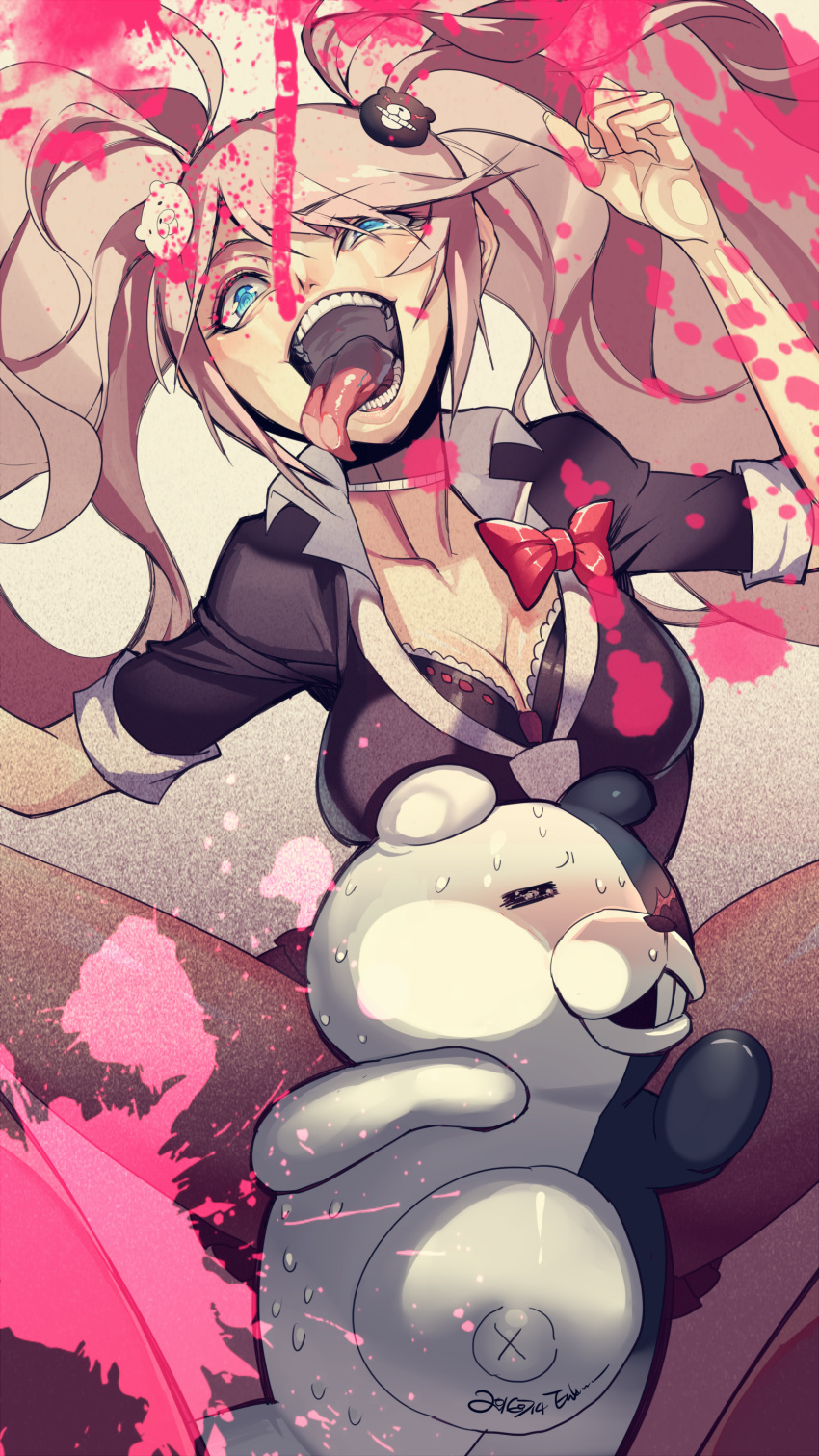 1girl =_= absurdres against_fourth_wall black_legwear blood blue_eyes bow breasts cleavage collarbone crazy crazy_eyes crazy_smile dangan_ronpa dangan_ronpa_1 ege_(597100016) enoshima_junko hair_ornament highres licking long_hair looking_back monokuma open_mouth pantyhose pink_hair school_uniform signaturen skirt sleeves_rolled_up smile spread_legs sweat teeth tongue tongue_out twintails wing_collar
