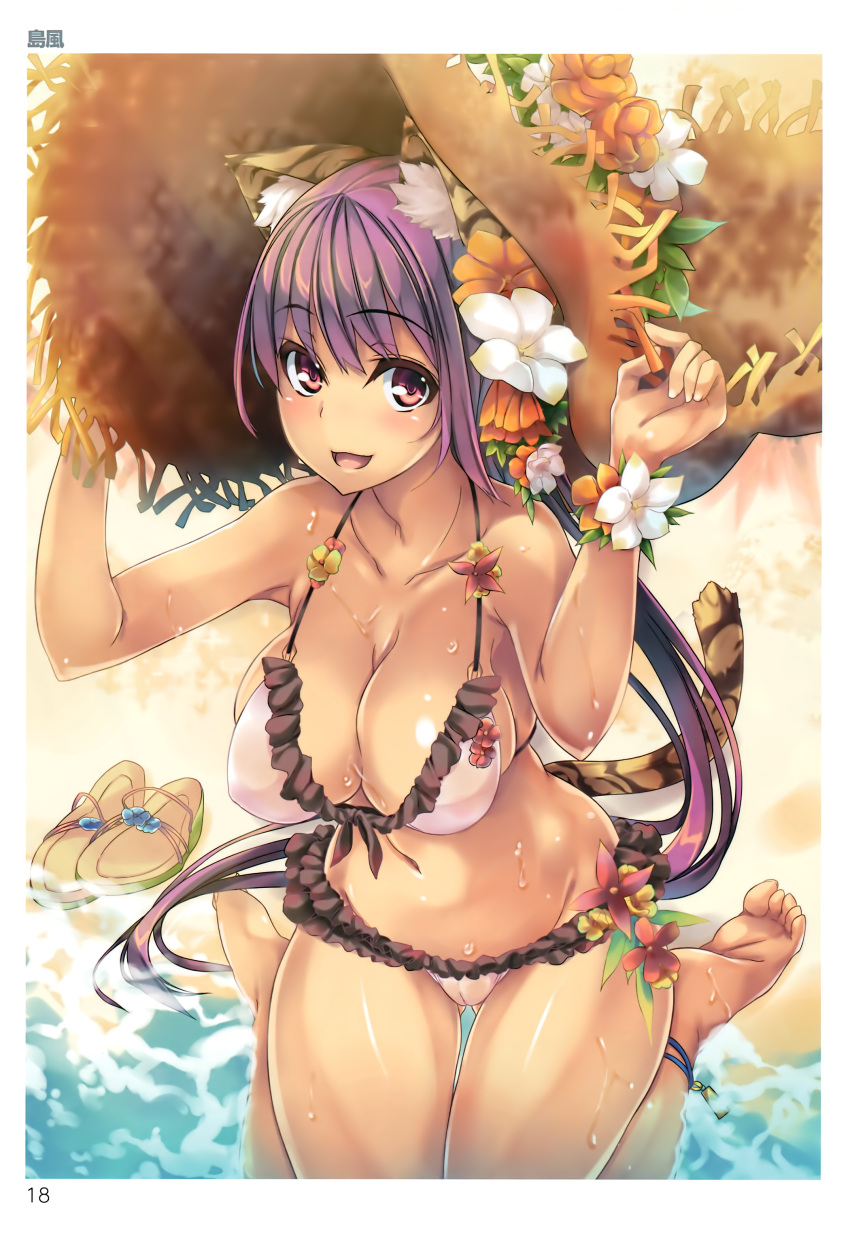 1girl absurdres animal_ears ankleband bangs bare_shoulders barefoot beach bikini blush breasts cat_ears cat_tail cleavage collarbone day eyebrows_visible_through_hair fingernails flower flower_bracelet frilled_bikini frills front-tie_top gluteal_fold hair_flower hair_ornament hands_on_headwear hands_up hat hat_flower hibiscus highres large_breasts long_hair looking_at_viewer navel open_mouth original outdoors purple_bikini purple_hair sandals sandals_removed scan shimakaze sitting smile soles solo straw_hat sun_hat swimsuit tail tiger_ears tiger_tail toes toranoana very_long_hair violet_eyes wariza wet