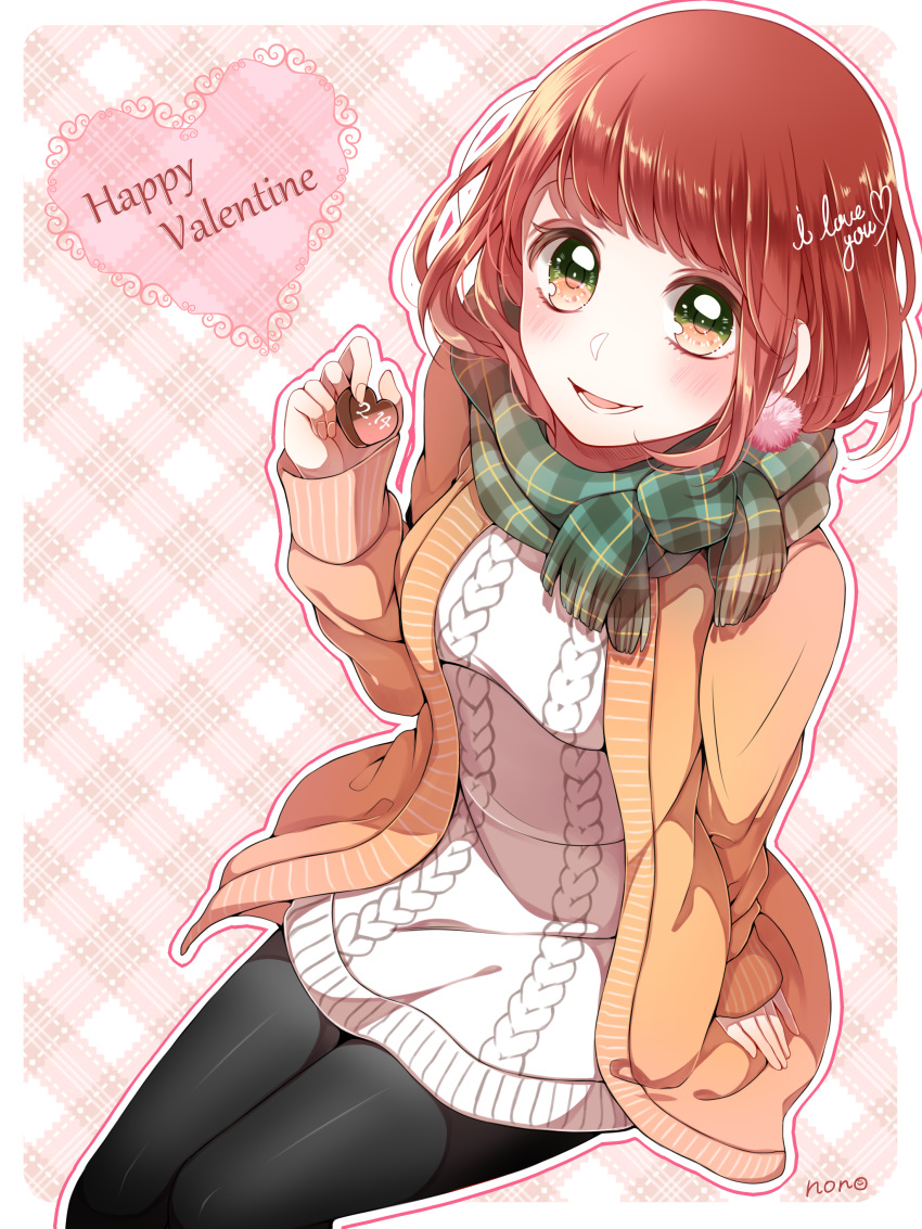 1girl absurdres aran_sweater artist_name bangs black_legwear blush breasts cardigan checkered checkered_background checkered_scarf dress enpera fringe green_eyes green_scarf happy_valentine heart highres looking_at_viewer medium_breasts nono_(emem0421) open_cardigan open_clothes original pantyhose parted_lips redhead ribbed_sweater scarf signature sitting smile solo sweater sweater_dress tareme teeth