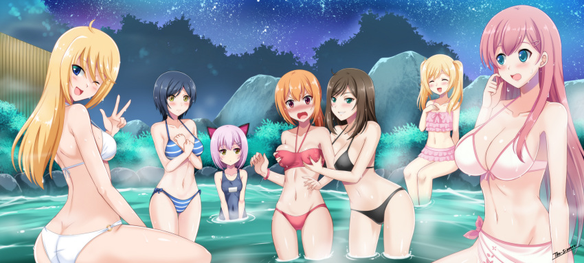 &gt;:o 6+girls :d :o ;d ^_^ ace_academy ahoge animal_ears ass_grab bangs bare_arms bare_shoulders bikini blush breast_grab breasts cat_ears cleavage closed_eyes collarbone frilled_bikini frills grabbing grabbing_another's_ass groin groping hair_ornament hairclip highres itami_kaori large_breasts long_hair looking_at_another looking_at_viewer medium_breasts multiple_girls navel night night_sky o-ring_bikini one_eye_closed onsen open_mouth parted_lips partially_submerged sarong school_swimsuit short_hair sidelocks signature sky small_breasts smile standing star_(sky) starry_sky stomach swept_bangs swimsuit the-sinner twintails v