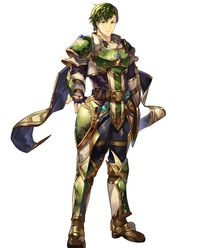 1boy abel_(fire_emblem) armor armored_boots boots fingerless_gloves fire_emblem fire_emblem:_mystery_of_the_emblem fire_emblem_heroes full_body gloves green_eyes green_hair highres male_focus official_art solo transparent_background