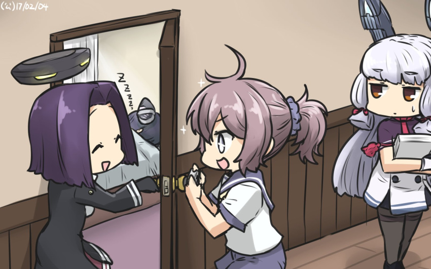 3girls aoba_(kantai_collection) bangs black_gloves blunt_bangs camera commentary dated door dress gloves hair_ribbon hallway hamu_koutarou headgear highres kantai_collection mechanical_halo multiple_girls murakumo_(kantai_collection) pantyhose paper_stack purple_hair remodel_(kantai_collection) ribbon sailor_dress school_uniform serafuku short_eyebrows single-lens_reflex_camera sleeping sparkle sparkling_eyes sweatdrop tatsuta_(kantai_collection) tenryuu_(kantai_collection) thighband_pantyhose tress_ribbon white_gloves zzz