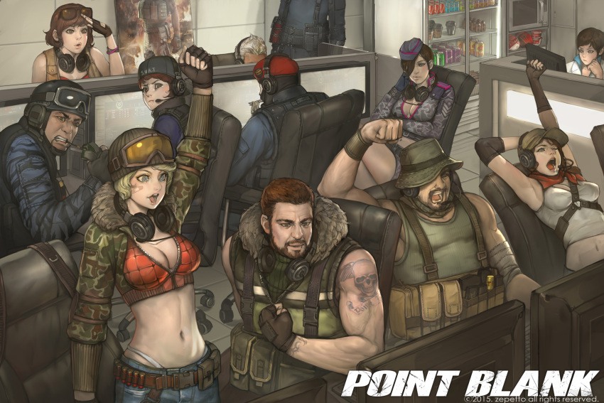 5boys 6+girls absurdres arm_up bandaid bandaid_on_face beard belt blonde_hair breasts character_request cleavage clenched_hand clenched_teeth facial_hair fingerless_gloves gloves headphones headphones_around_neck highres large_breasts lips midriff mole mole_under_eye multiple_boys multiple_girls muscle namgwon_lee navel point_blank_(game) short_hair tattoo teeth white_hair