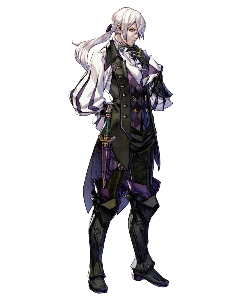 1boy boots butler dagger fire_emblem fire_emblem_heroes fire_emblem_if fujisaka_kimihiko full_body gloves highres joker_(fire_emblem_if) long_hair low_ponytail male_focus official_art solo transparent_background violet_eyes weapon white_hair