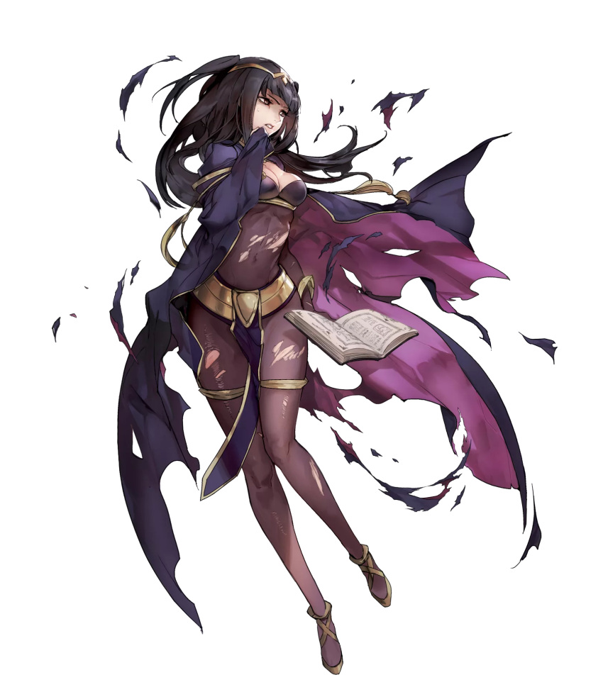 1girl bangs black_eyes black_hair blunt_bangs bodysuit breasts bridal_gauntlets cape circlet cleavage fire_emblem fire_emblem:_kakusei fire_emblem_heroes full_body highres long_hair short_twintails solo tharja torn_clothes transparent_background twintails