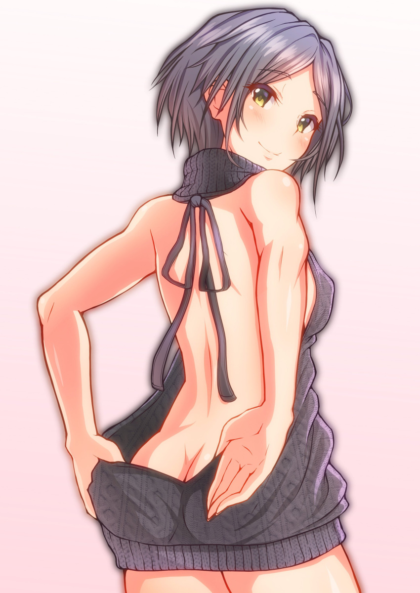 1girl absurdres aran_sweater as ass backless_outfit bangs bare_arms bare_back black_hair blush breasts butt_crack dress from_behind gradient gradient_background grey_sweater hayami_kanade highres idolmaster idolmaster_cinderella_girls keffiy naked_sweater no_bra no_panties no_underwear open-back_dress parted_bangs ribbed_sweater short_hair sideboob smile solo sweater sweater_dress turtleneck turtleneck_sweater virgin_killer_sweater yellow_eyes