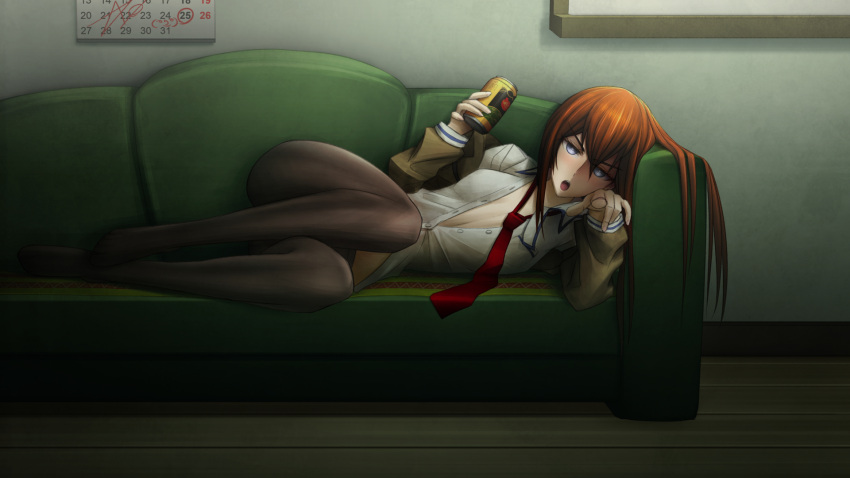 1girl alcohol beer beer_can blue_eyes blush breasts brown_jacket brown_legwear calendar_(object) can collared_shirt commentary couch drunk eyebrows_visible_through_hair full_body hair_between_eyes highres holding holding_can jacket long_hair long_sleeves looking_at_viewer loose_necktie lying makise_kurisu necktie on_couch on_side open_clothes open_jacket open_mouth pantyhose pointing pointing_at_viewer raidouzero red_necktie redhead shirt small_breasts solo steins;gate unbuttoned unbuttoned_shirt white_shirt