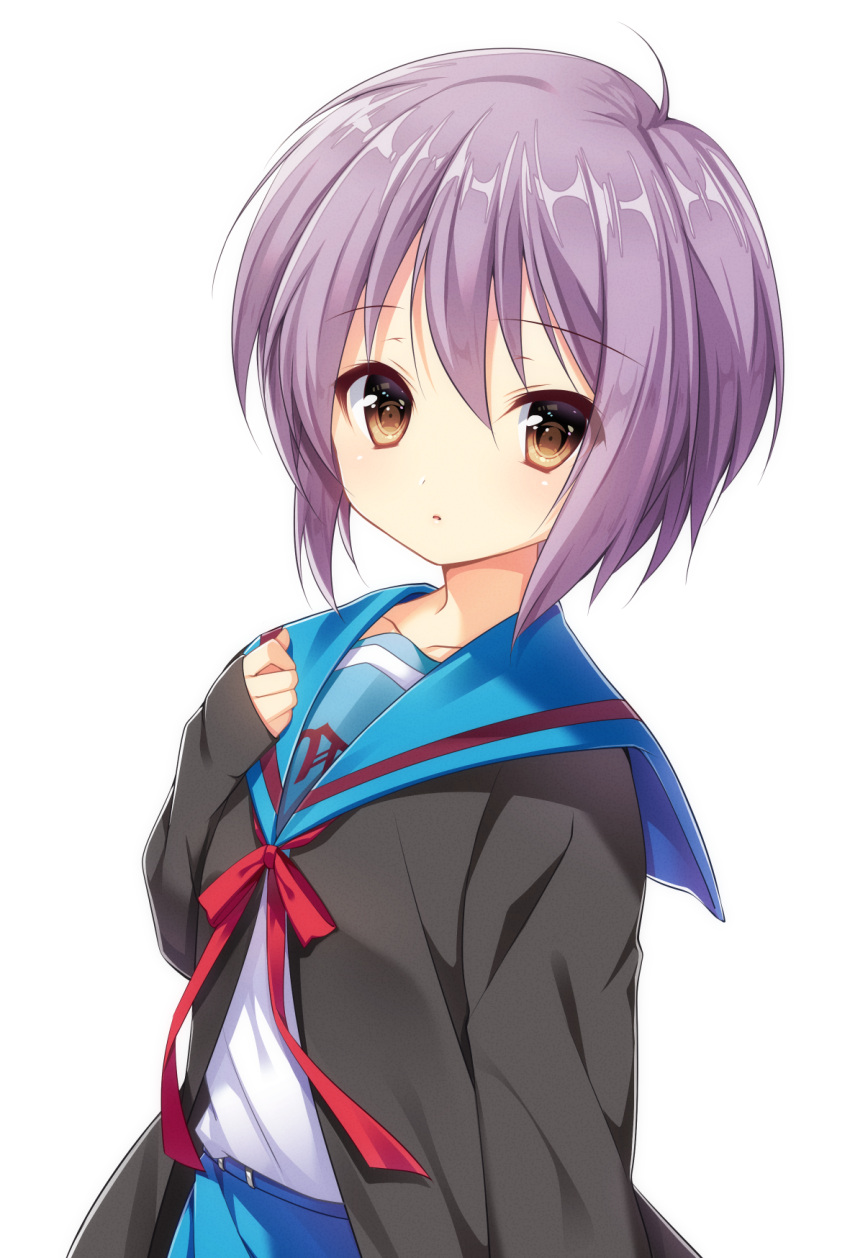 1girl bangs blue_skirt brown_eyes cardigan collarbone expressionless eyebrows_visible_through_hair hair_between_eyes highres looking_at_viewer nagato_yuki nagisa_rio parted_lips purple_hair red_ribbon ribbon school_uniform serafuku short_hair simple_background skirt solo suzumiya_haruhi_no_yuuutsu white_background