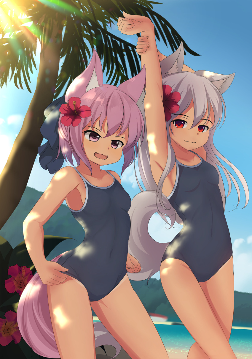2girls absurdres animal_ear_fluff animal_ears arms_up bangs beach breasts competition_school_swimsuit eyebrows_visible_through_hair fangs flower grey_hair hair_between_eyes hair_flower hair_ornament highres hotel01 long_hair looking_at_viewer medium_hair multiple_girls new_school_swimsuit open_mouth original palm_tree pink_eyes pink_hair red_eyes school_swimsuit small_breasts swimsuit tail tree