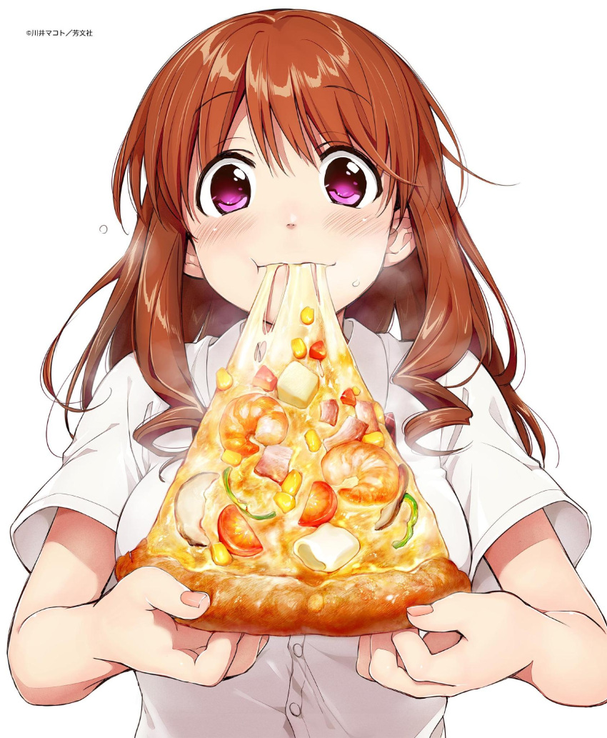 1girl :t artist_name blush breasts brown_hair dress_shirt eating flying_sweatdrops food highres holding holding_food kawai_makoto koufuku_graffiti machiko_ryou meat official_art peppers pink_eyes pizza resized shirt short_sleeves shrimp solo sweat sweatdrop tomato upper_body watermark white_background