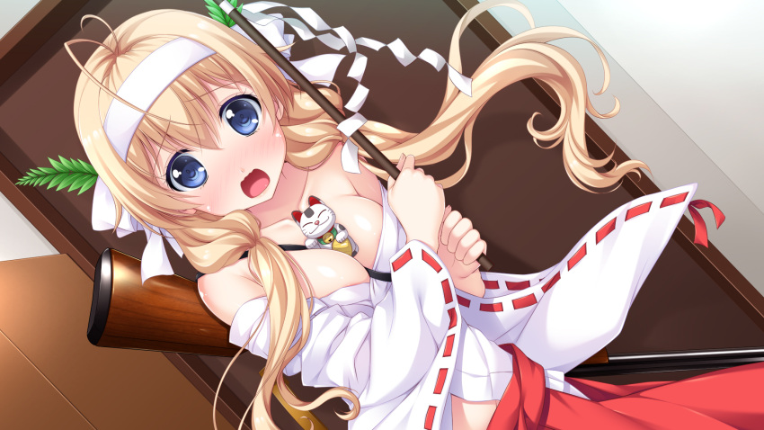 1girl between_breasts blonde_hair blue_eyes blush breasts character_request cleavage copyright_request dutch_angle floating_hair game_cg gun hair_over_shoulder hairband highres holding japanese_clothes long_hair long_sleeves looking_at_viewer medium_breasts miko official_art open_mouth ribbon-trimmed_sleeves ribbon_trim rifle solo twintails weapon wide_sleeves