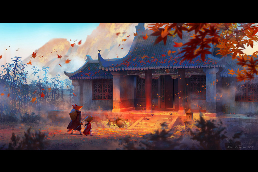 architecture artist_name autumn_leaves bird blurry cape cloak day depth_of_field east_asian_architecture fox furry hat highres holding holding_sword holding_weapon leaf letterboxed lost_elle low_ponytail maple_leaf mountain original outdoors scenery sheath sheathed shrine signature stairs standing sword tree weapon