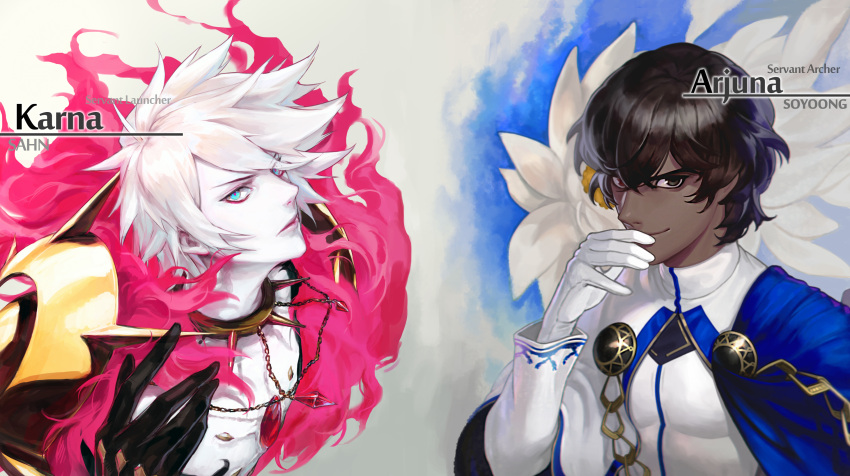 2boys absurdres arjuna_(fate/grand_order) armor artist_name bangs blue_eyes brown_eyes brown_hair character_name chest collar covered_mouth dark_skin dark_skinned_male english eyebrows fate/grand_order fate_(series) flower gloves highres jewelry karna_(fate) lips looking_at_viewer male_focus multiple_boys pale_skin sahn short_hair simple_background smile smirk so_yoon_g spiked_collar spikes white_hair white_skin