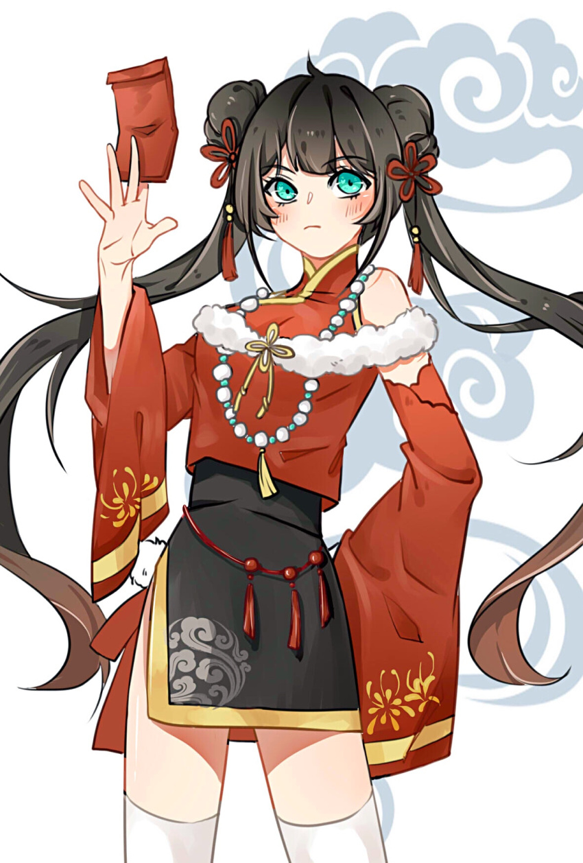 1girl artist_request green_eyes heart heart-shaped_pupils highres king_of_glory new_year red_envelope shin_sangoku_musou simple_background solo sun_shang_xiang symbol-shaped_pupils