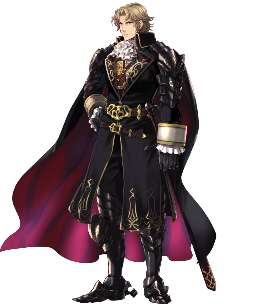 1boy armor armored_boots belt blonde_hair boots brown_eyes camus cape fire_emblem fire_emblem:_mystery_of_the_emblem fire_emblem_heroes full_body gloves highres male_focus official_art solo sword transparent_background weapon