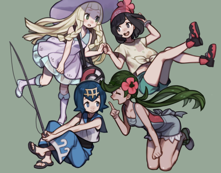 4girls beanie black_eyes black_hair blonde_hair blue_eyes blue_hair blue_pants braid closed_eyes dress female_protagonist_(pokemon_sm) fishing_rod flower green_eyes green_hair green_shorts hair_flower hair_ornament hairband hat highres lillie_(pokemon) long_hair mallow_(pokemon) multiple_girls open_mouth overalls pants pokemon pokemon_(game) pokemon_sm red_hat sakida_kiyu sandals shirt shoes short_hair short_sleeves shorts simple_background sleeveless sleeveless_dress smile suiren_(pokemon) sun_hat tied_shirt trial_captain twin_braids white_dress white_hat z-ring