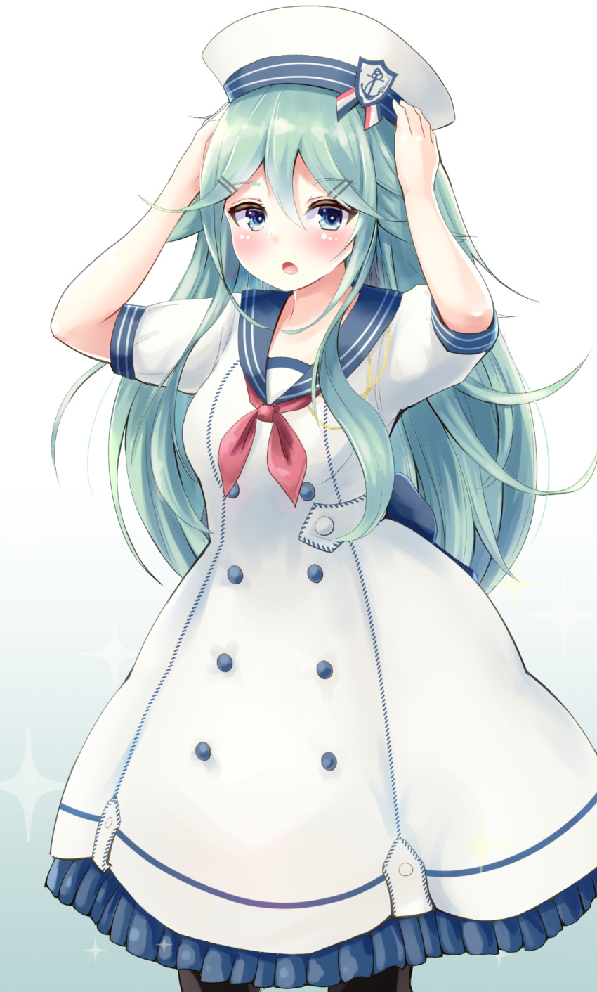 1girl :o anchor_symbol bangs black_legwear dress eyebrows_visible_through_hair gradient gradient_background hair_ornament hairclip hamalu hand_on_headwear hands_up hat highres kantai_collection long_hair looking_at_viewer lost_tree neckerchief pantyhose sailor_dress sailor_hat short_sleeves solo standing very_long_hair white_background white_dress yamakaze_(kantai_collection)