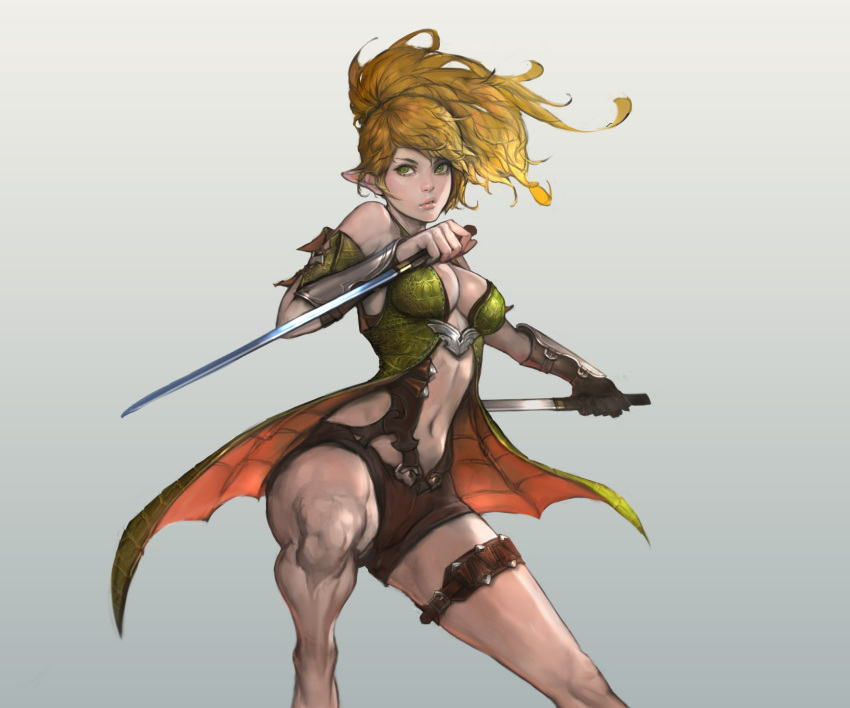 1girl absurdres blonde_hair breasts cleavage dual_wielding gradient gradient_background green_eyes highres lips namgwon_lee pointy_ears solo sword thigh_strap weapon
