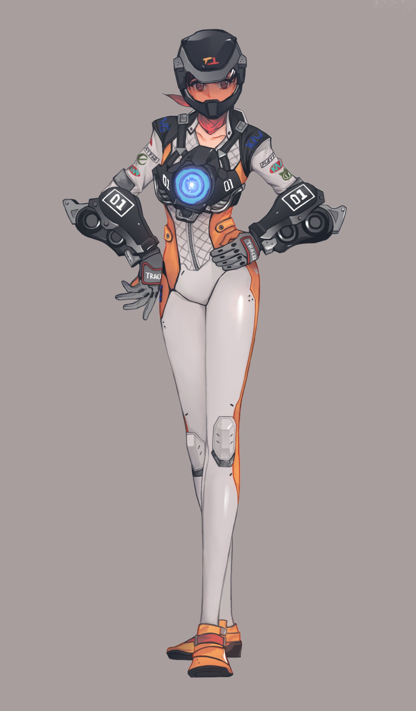 1girl absurdres alternate_costume biker_clothes bikesuit bodysuit character_name clothes_writing collarbone emblem gloves grey_gloves hands_on_hips harness helmet highres knee_pads logo long_sleeves looking_at_viewer mach_t_(overwatch) neosnim overwatch red_scarf scarf shoes simple_background solo standing strap tracer_(overwatch) vambraces yellow_shoes