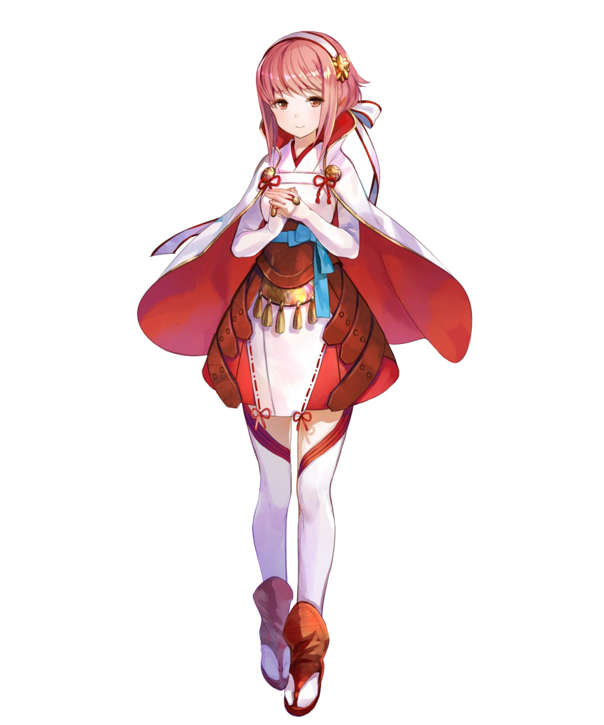 1girl capelet eyebrows_visible_through_hair fire_emblem fire_emblem_heroes fire_emblem_if fuji_choko full_body hairband hands_together highres japanese_clothes official_art pink_hair red_eyes sakura_(fire_emblem_if) sandals short_hair solo thigh-highs transparent_background zettai_ryouiki