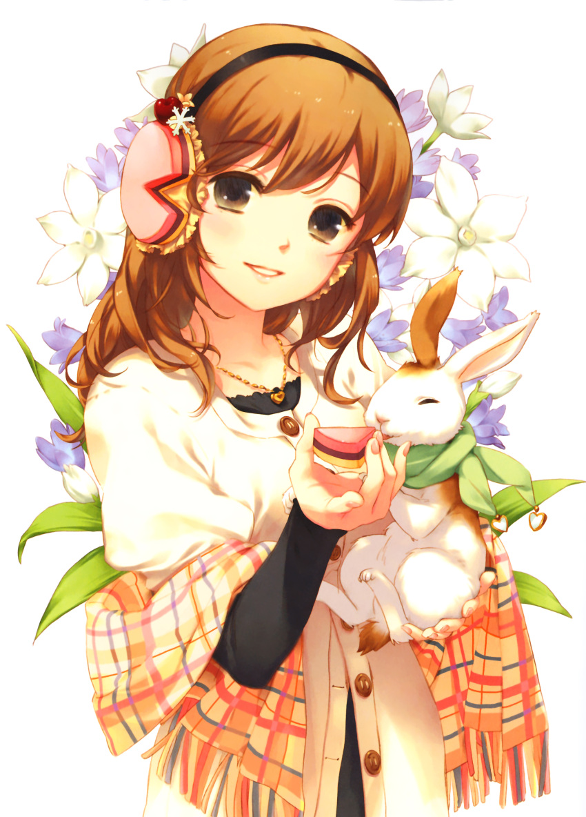 brown_eyes bunny earmuffs flower food_themed_clothes highres miyata_souji orange_hair original rabbit