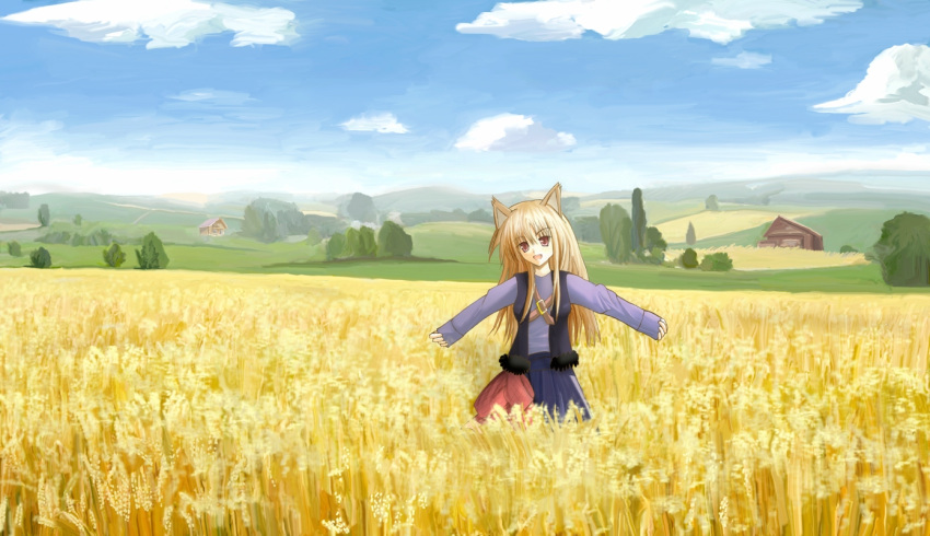 brown_hair field holo long_hair red_eyes scenery sky spice_and_wolf teke_(pixiv296120) wheat wolf_ears