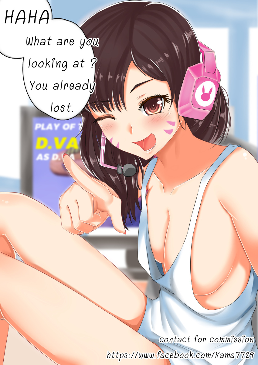 1girl absurdres arm_at_side arm_support bare_shoulders blurry blurry_background blush breasts brown_eyes brown_hair character_name cleavage collarbone d.va_(overwatch) depth_of_field english facebook_username facepaint facial_mark fingernails headphones headset highres index_finger_raised kamolpol_malaipoung knees_up legs long_fingernails long_hair looking_at_viewer medium_breasts monitor nail_polish naked_shirt no_bra one_eye_closed open_mouth overwatch pink_nails play_of_the_game pointing pointing_at_viewer shirt sideboob smile solo speech_bubble taunting teeth upper_body video_game whisker_markings