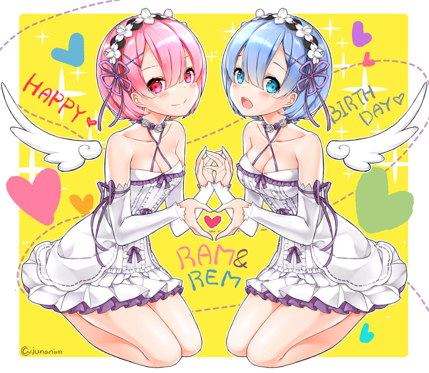 2girls :d bangs bare_shoulders blue_eyes blue_hair blush breasts character_name cleavage closed_mouth collarbone criss-cross_halter detached_sleeves detached_wings dotted_line dress english eyelashes flower frilled_dress frills hair_between_eyes hair_ornament hair_ribbon hairband halter_top halterneck happy_birthday heart heart_hands heart_hands_duo juna looking_at_viewer matching_outfit medium_breasts multiple_girls open_mouth outline palms pink_eyes pink_hair purple_ribbon purple_rose ram_(re:zero) re:zero_kara_hajimeru_isekai_seikatsu red_eyes rem_(re:zero) ribbon rose seiza shiny shiny_hair short_hair siblings sisters sitting skindentation smile sparkle symmetrical_pose twins twitter_username white_border white_dress white_legwear white_rose white_wings wings x_hair_ornament yellow_background