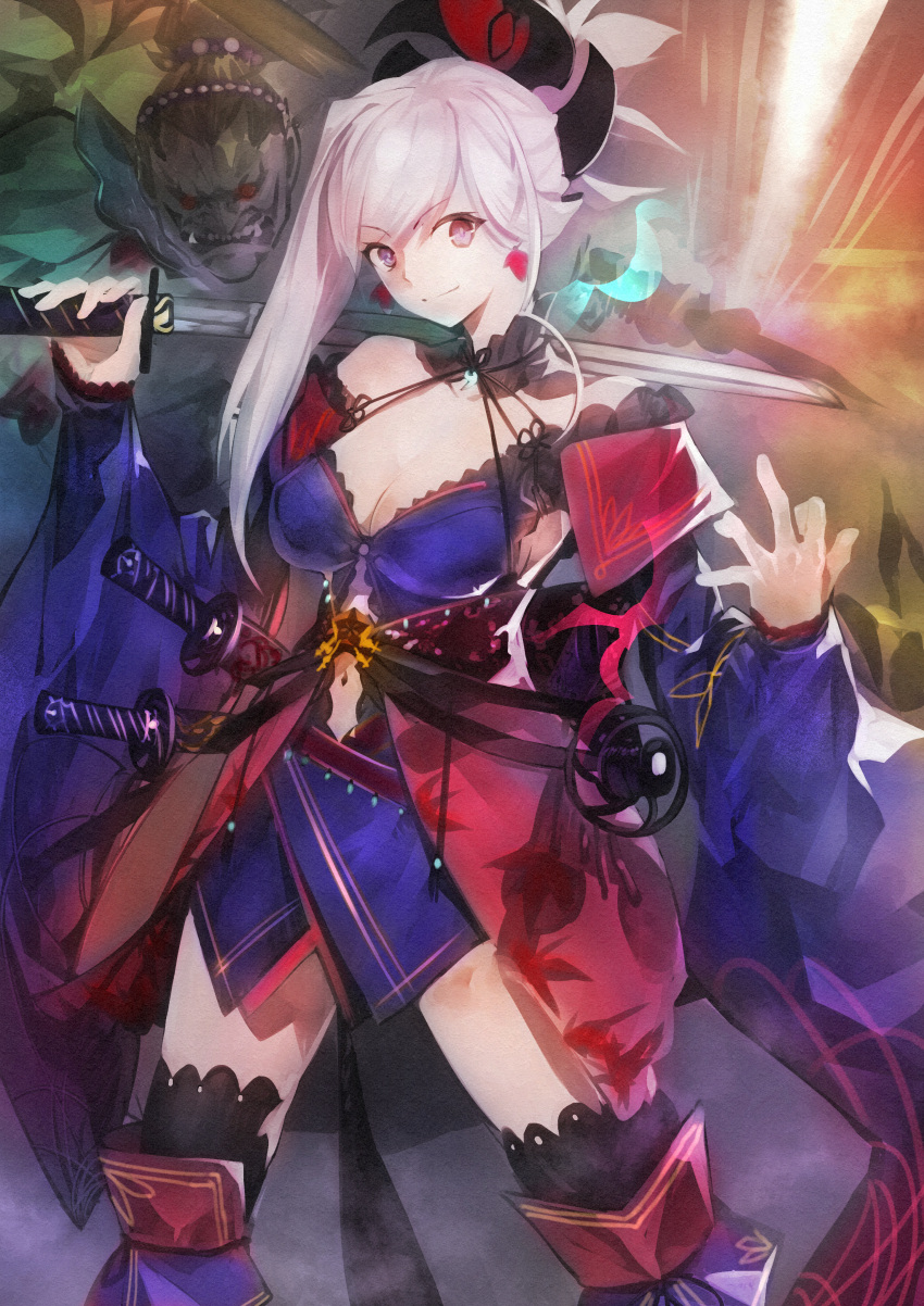 1girl absurdres asymmetrical_hair bare_shoulders breasts choker cleavage earrings fate/grand_order fate_(series) floral_print hair_ornament highres japanese_clothes jewelry kanmiya_shinobu katana long_hair long_sleeves looking_at_viewer magatama miyamoto_musashi_(fate/grand_order) over_shoulder pink_hair ponytail sash smile solo_focus sword sword_over_shoulder thigh-highs thighs unsheathed violet_eyes weapon weapon_over_shoulder
