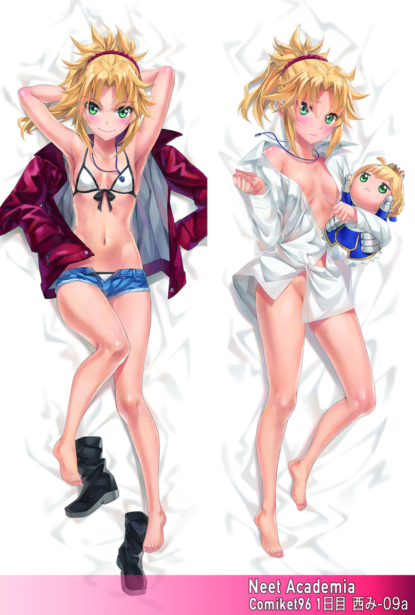 1girl armpits arms_behind_head arms_up artoria_pendragon_(all) bangs bare_shoulders barefoot bikini blonde_hair blush braid breasts character_doll closed_mouth collarbone collared_shirt cutoffs dakimakura denim denim_shorts dress_shirt fate/apocrypha fate/stay_night fate_(series) feet french_braid full_body green_eyes hair_ornament hair_scrunchie highres jacket jewelry legs long_hair long_sleeves looking_at_viewer mordred_(fate) mordred_(fate)_(all) naked_shirt navel necklace open_clothes open_jacket parted_bangs ponytail red_jacket red_scrunchie saber scrunchie shirt short_shorts shorts sidelocks small_breasts smile stuffed_toy swimsuit thighs tonee white_bikini white_shirt