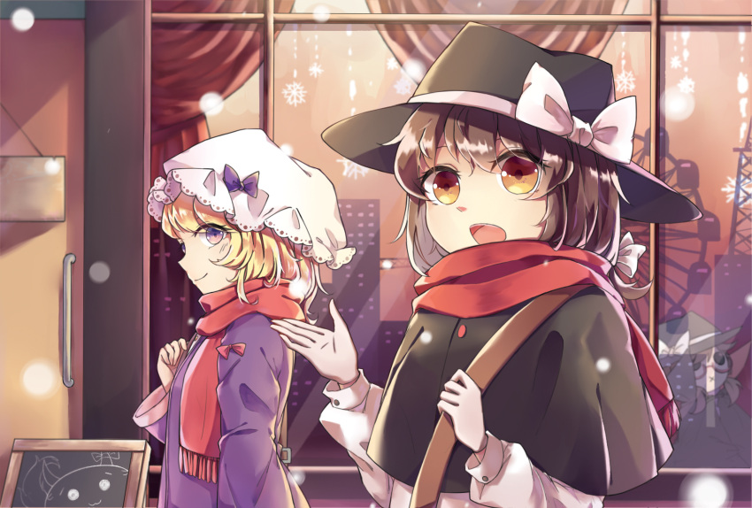 3girls :x blonde_hair brown_hair capelet cityscape coat curtains door ferris_wheel glasses hat hat_ribbon highres kekkai long_sleeves looking_at_viewer maribel_hearn mob_cap multiple_girls open_mouth profile red_scarf ribbon scarf short_hair side_glance sign smile sukusuku_hakutaku touhou usami_renko usami_sumireko violet_eyes window yellow_eyes