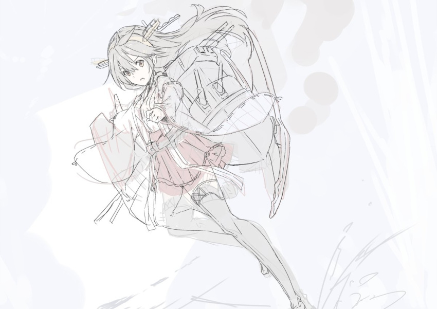 1girl akiha_(attract) cannon detached_sleeves dutch_angle full_body haruna_(kantai_collection) headgear kantai_collection long_hair looking_at_viewer nontraditional_miko open_mouth partially_colored sketch solo splashing standing standing_on_one_leg thigh-highs wide_sleeves zettai_ryouiki