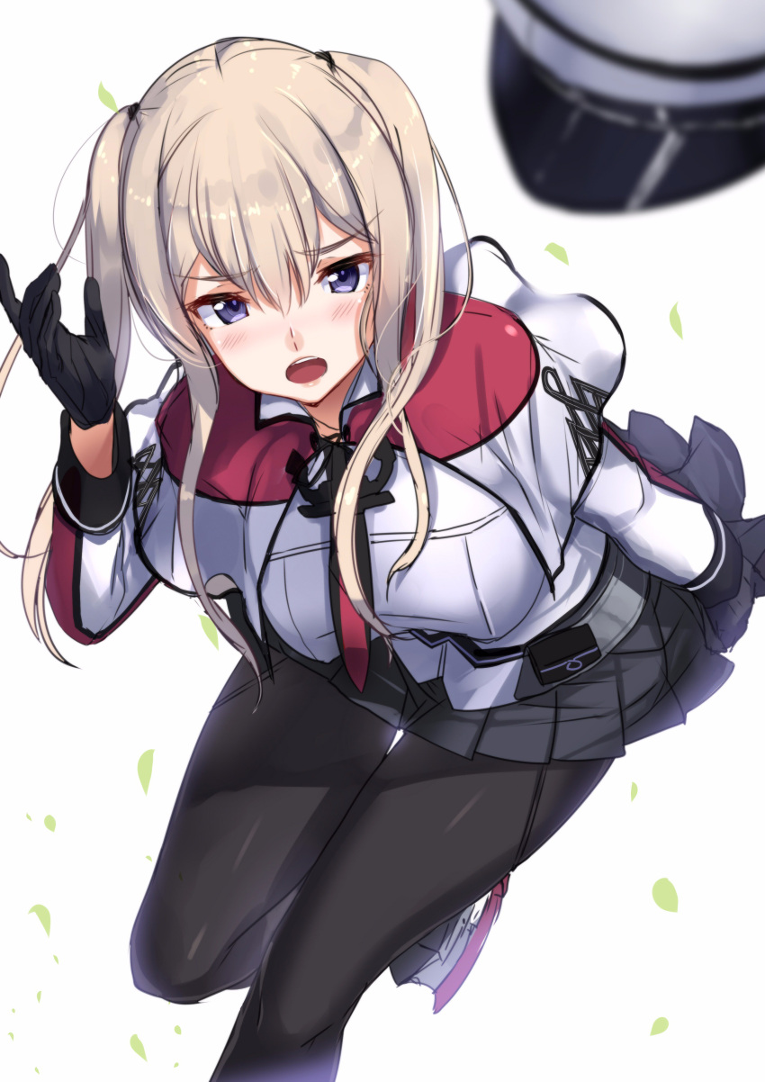 1girl absurdres akasaai black_gloves blue_eyes blush breasts capelet eyebrows_visible_through_hair gloves graf_zeppelin_(kantai_collection) grey_skirt hair_between_eyes hat hat_removed headwear_removed highres jacket kantai_collection long_hair long_sleeves medium_breasts open_mouth pantyhose rudder_shoes simple_background skirt solo twintails white_background white_jacket