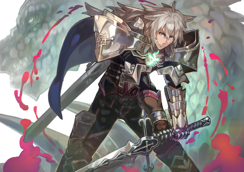 1boy armor balmung_(fate/apocrypha) blood cape dark_skin dragon fate/apocrypha fate_(series) green_eyes long_hair looking_at_viewer male_focus naro0427 saber_of_black solo sword weapon white_hair