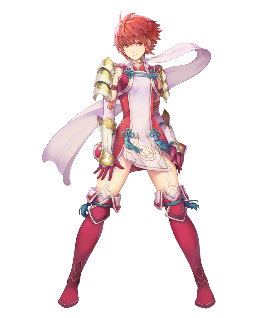 1girl arm_guards armor boots breasts dress elbow_gloves fire_emblem fire_emblem_heroes fire_emblem_if full_body garter_straps gloves haccan highres hinoka_(fire_emblem_if) looking_at_viewer official_art red_boots red_eyes redhead scarf short_dress short_hair shoulder_armor small_breasts smile solo standing thigh-highs thigh_boots transparent_background white_scarf zettai_ryouiki