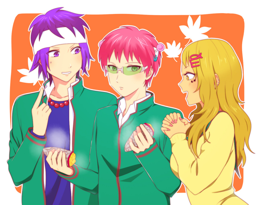 1girl 2boys aiura_mikoto bead_necklace beads blonde_hair food hair_ornament hands_together headband headgear jewelry koro_(koinori) long_hair multiple_boys nail_polish necklace pink_nails pointing pointing_at_self purple_hair saiki_kusuo saiki_kusuo_no_psi_nan school_uniform shared_food smile steam sunglasses sweatdrop sweet_potato toritsuka_reita violet_eyes yellow_eyes