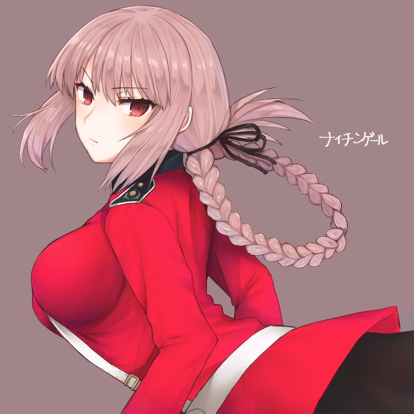 &gt;:| 1girl bangs black_ribbon braid breasts brown_background brown_hair character_name closed_mouth dutch_angle eyebrows_visible_through_hair fate/grand_order fate_(series) florence_nightingale_(fate/grand_order) from_side hair_between_eyes hair_ribbon highres ito_(silk9f) large_breasts long_hair looking_at_viewer looking_back red_eyes ribbon simple_background solo strap_cleavage tsurime upper_body