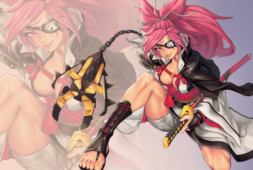 1girl amputee baiken ball_and_chain bandage breasts cleavage facial_tattoo guilty_gear guilty_gear_xrd hair_ribbon highres japanese_clothes kimono large_breasts light_smile long_hair no_bra obi one-eyed one_knee open_clothes open_kimono open_toe_shoes pink_eyes pink_hair platinum_disco ponytail ribbon sash scar scar_across_eye sheath sheathed shoes solo tattoo thighs toes zoom_layer