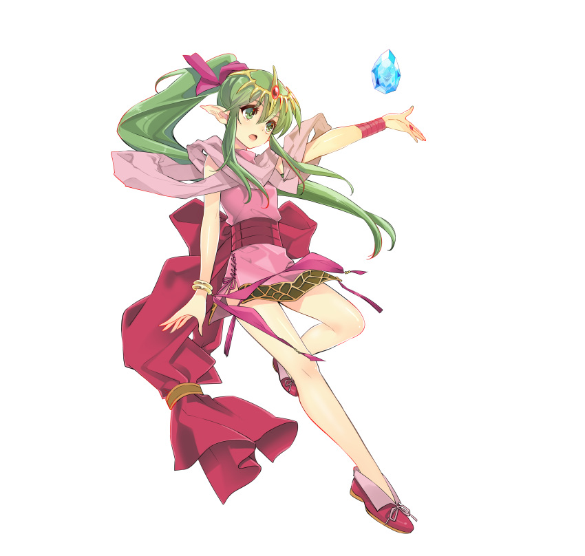 1girl absurdres chiki dress eyebrows_visible_through_hair fire_emblem fire_emblem:_mystery_of_the_emblem fire_emblem_heroes full_body green_eyes green_hair hair_ornament highres itou_noiji jewelry long_hair open_mouth pink_dress pointy_ears ponytail shoes short_dress simple_background sleeveless solo tiara very_long_hair white_background