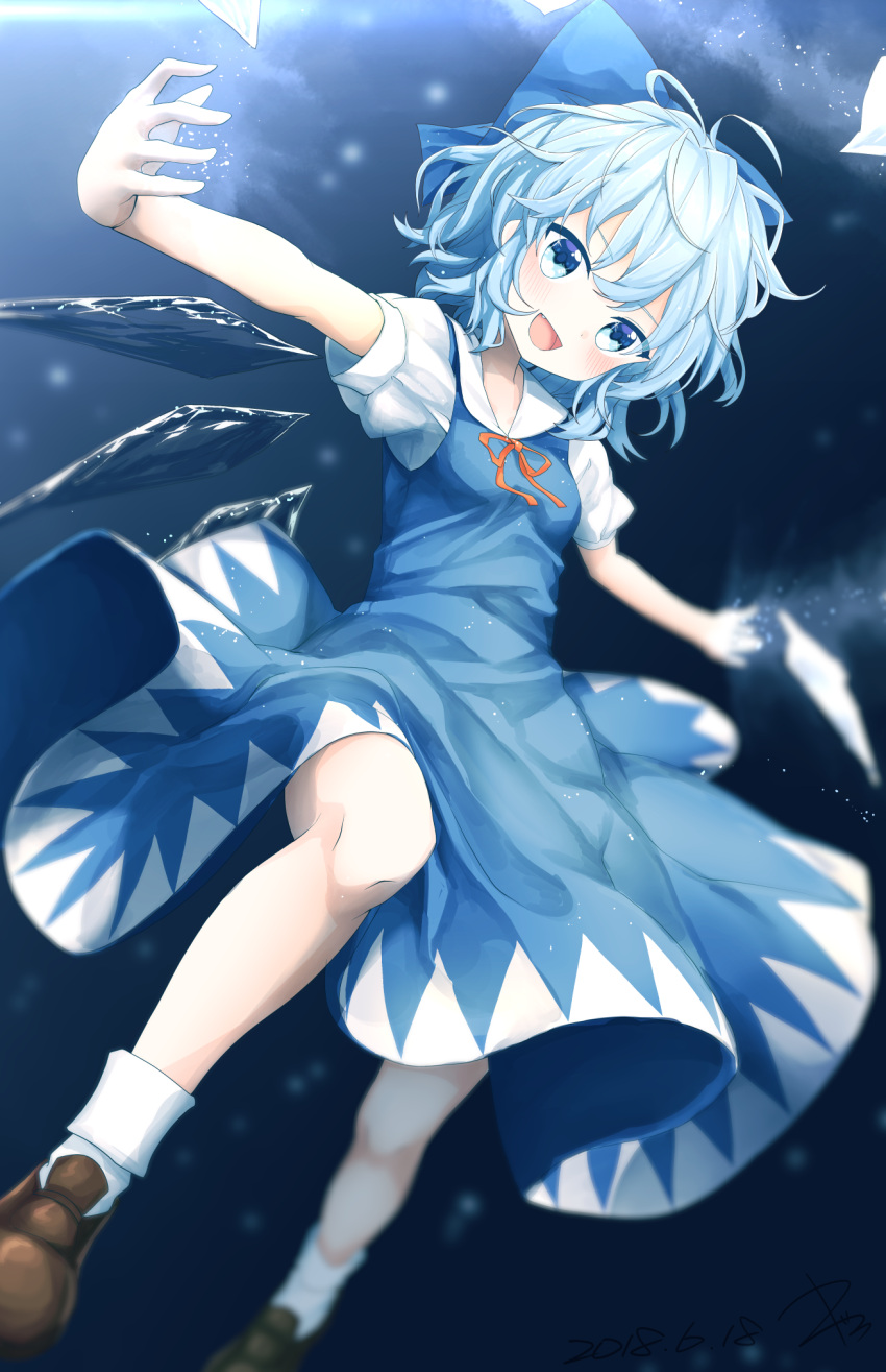 1girl :d bangs blue_bow blue_dress blue_eyes blue_hair blush bobby_socks bow breasts brown_footwear cirno collared_dress commentary_request dated dress flying hair_bow head_tilt highres ice kisamu_(ksmz) loafers neck_ribbon open_mouth outstretched_arms pinafore_dress red_neckwear red_ribbon ribbon shirt shoes short_hair short_sleeves signature small_breasts smile socks solo spread_arms touhou white_legwear white_shirt wing_collar