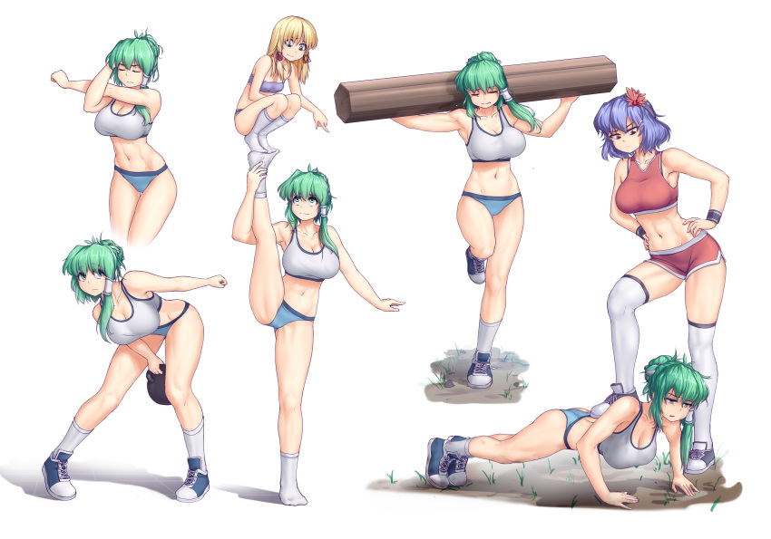 3girls abs absurdres bare_shoulders blonde_hair blue_hair breasts carrying cleavage closed_eyes crop_top exercise feet_together foot_on_back frog_hair_ornament frown green_eyes green_hair hair_bun hair_ornament hair_ribbon hair_tubes hair_up hands_on_hips hater_(hatater) highres kochiya_sanae large_breasts leaf_hair_ornament leaning_forward leg_up long_hair looking_to_the_side looking_up moriya_suwako multiple_girls multiple_views navel onbashira push-ups red_eyes ribbon running shoes short_hair simple_background sneakers socks split standing standing_on_one_leg stomach stretch tank_top tears thigh-highs toned touhou weights white_background white_legwear wristband yasaka_kanako