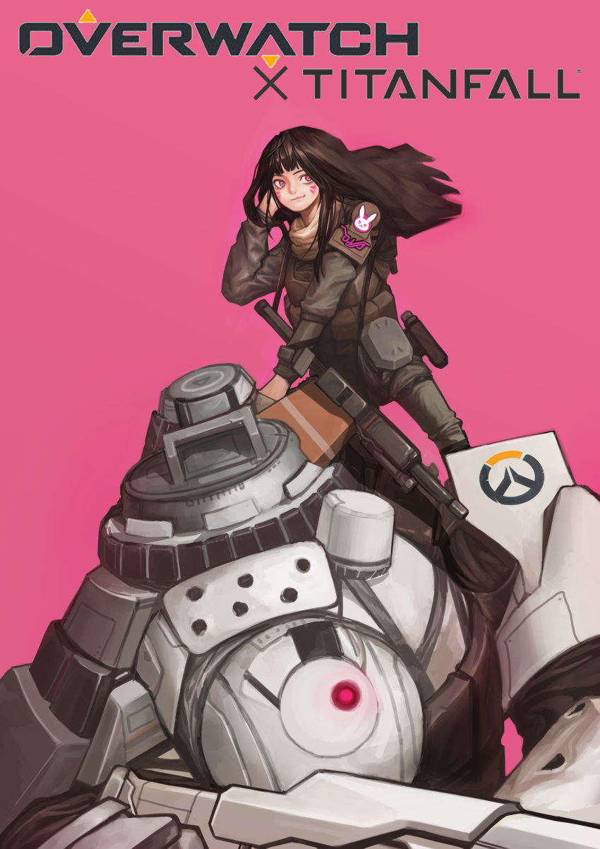 absurdres ammunition_pouch assault_rifle bangs blunt_bangs brown_hair bulletproof_vest character_name closed_mouth coco_jang copyright_name d.va_(overwatch) emblem facepaint facial_mark gun hand_on_own_head hand_up highres holster load_bearing_vest logo long_hair mecha overwatch pants parody pink_background pink_eyes rifle scarf simple_background smile sniper_rifle titanfall weapon whisker_markings