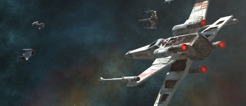 aerial_battle astromech_droid battle dogfight energy_cannon graham_t.g. highres realistic robot science_fiction space space_craft star star_(sky) star_wars starfighter starry_background t-65_x-wing tie_advanced_x1 tie_bomber x-wing