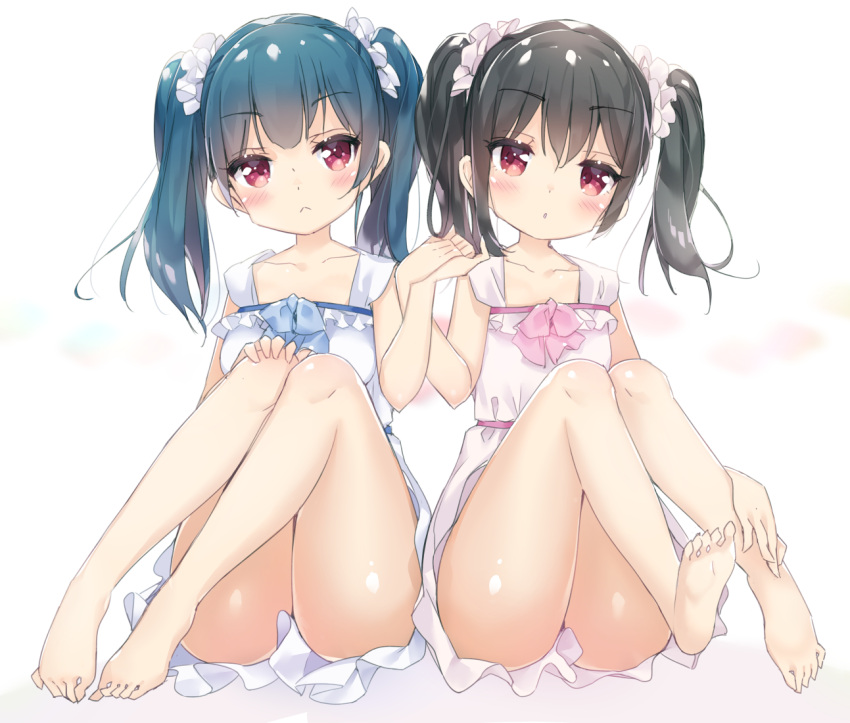 2girls alternate_hairstyle bare_legs barefoot black_hair blue_hair blush dress feet hand_holding long_hair love_live! love_live!_school_idol_project love_live!_sunshine!! micopp multiple_girls red_eyes scrunchie side-by-side toes tsushima_yoshiko twintails twintails_day yazawa_nico