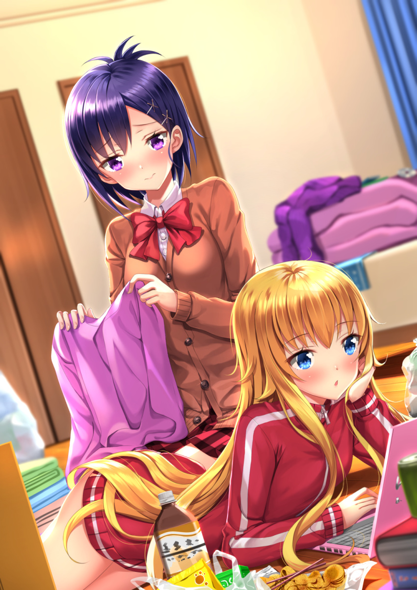 2girls 3: arched_back arm_support bag bangs blonde_hair blue_eyes blurry blush book_stack bottle bow bowtie breasts buttons can cardigan chips chopsticks closed_mouth closet collared_shirt computer curtains depth_of_field door dress_shirt drink dutch_angle eyebrows_visible_through_hair eyelashes folding_clothes food gabriel_dropout hair_ornament hairclip hand_on_own_cheek highres indoors jacket laptop long_hair long_sleeves looking_at_another lying medium_breasts messy_hair messy_room multiple_girls on_floor on_stomach plaid plaid_skirt plastic_bag pleated_skirt purple_hair red_bow red_bowtie red_jacket red_skirt shadow shiny shiny_hair shirt short_hair sitting skirt snack soda_can swordsouls tenma_gabriel_white track_jacket tsukinose_vignette_april very_long_hair violet_eyes wall white_shirt wooden_floor x_hair_ornament zipper