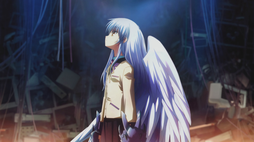 1girl angel_beats! angel_wings blurry blurry_background highres light_blue_hair long_hair looking_up monitor school_uniform solo standing tachibana_kanade wings