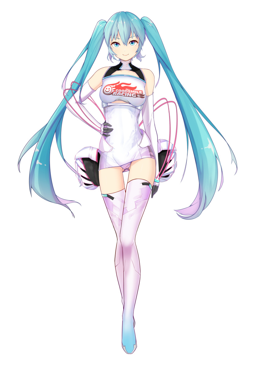 1girl absurdres aqua_eyes aqua_hair boots elbow_gloves full_body gloves goodsmile_company goodsmile_racing hand_on_hip hatsune_miku highres leotard long_hair racequeen simple_background smile solo thigh-highs thigh_boots thigh_gap twintails very_long_hair vocaloid white_background