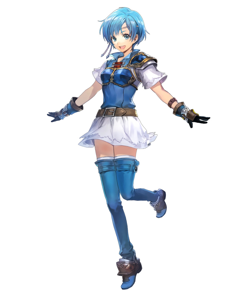 1girl armor belt blue_eyes blue_hair copyright_name fire_emblem fire_emblem:_fuuin_no_tsurugi fire_emblem_heroes full_body gloves highres leg_up looking_at_viewer official_art open_mouth short_hair short_sleeves shoulder_armor smile standing thany thigh-highs zettai_ryouiki