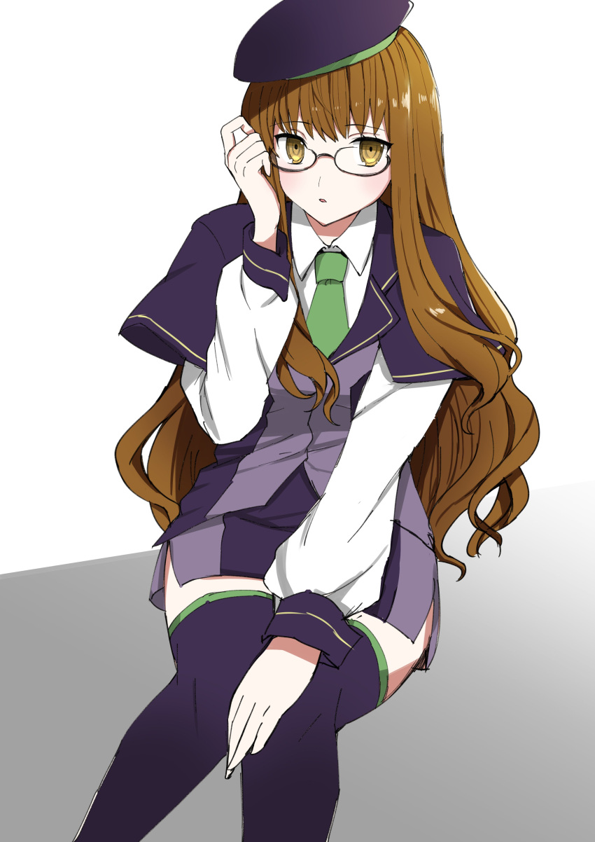 1girl absurdres bangs beret black-framed_eyewear blush brown_eyes brown_hair capelet collared_shirt dutch_angle eyebrows_visible_through_hair fate/extra fate_(series) glasses green_necktie hand_up hat highres ito_(silk9f) kishinami_hakuno_(female) long_hair looking_at_viewer miniskirt necktie parted_lips pencil_skirt semi-rimless_glasses shirt sitting skirt solo thigh-highs under-rim_glasses very_long_hair wavy_hair white_shirt wing_collar